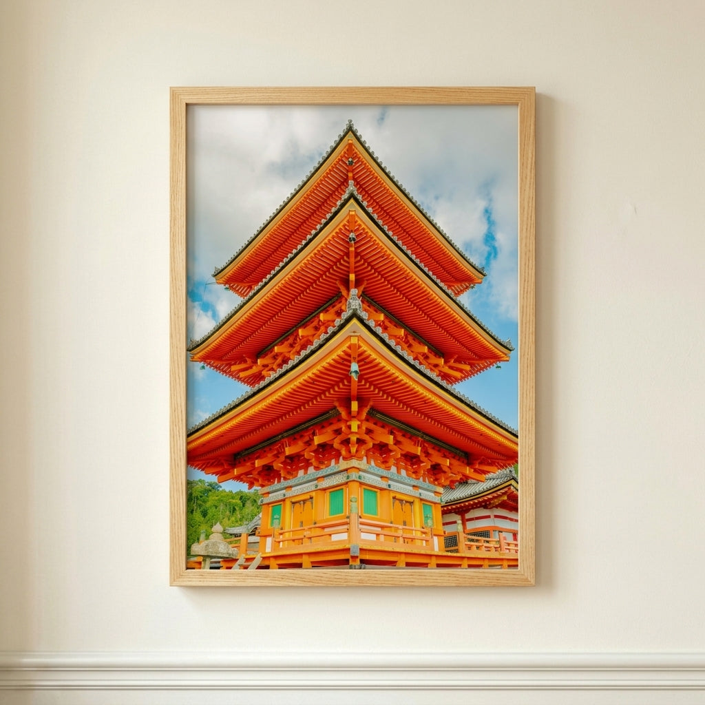 Framed photograph of a traditional Japanese temple on a beige wall
