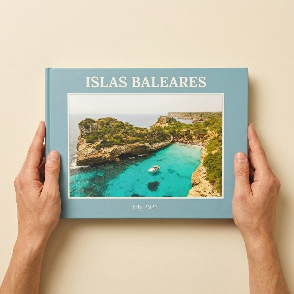 Premium Hardcover photo book in A4 landscape held in hands to show physical size
