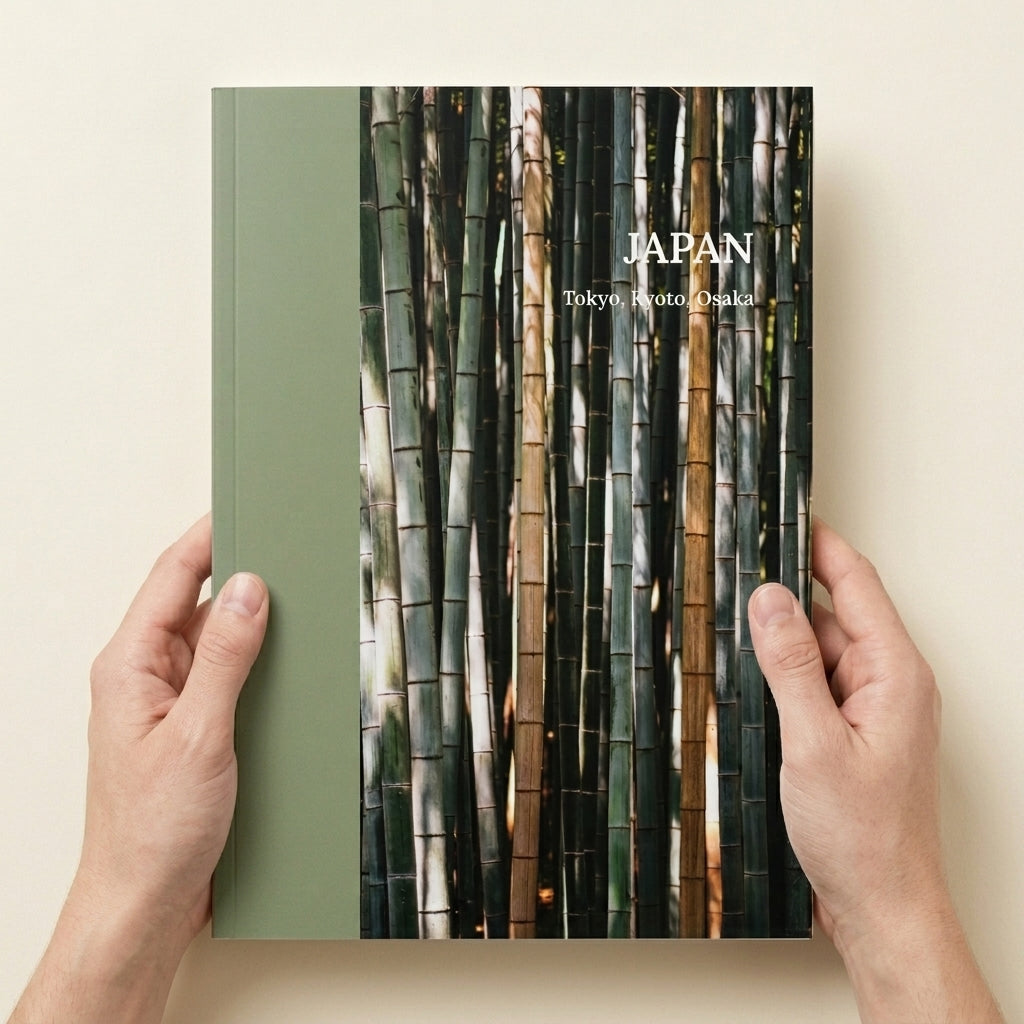Book cover with bamboo design and 'Japan' text held by hands on a beige background