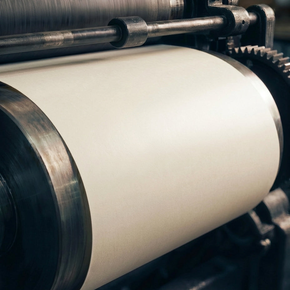 Close-up of a printing press with paper being fed through rollers.
